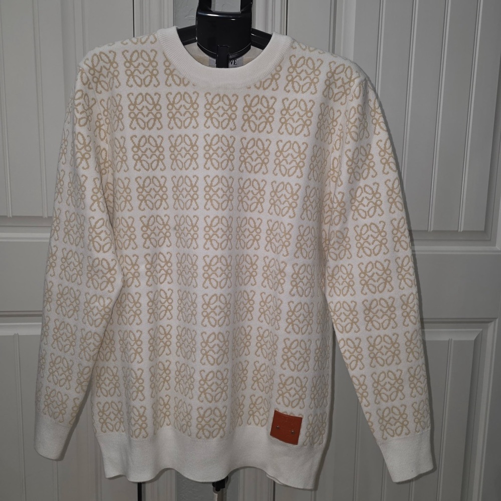 Loewe Cream Crewneck Sweater with Beige Logo Pattern